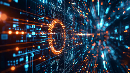 Obraz premium Futuristic digital encryption system with glowing quantum cyber defense network