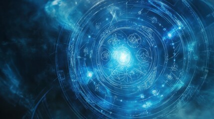Fototapeta premium Mystical circle filled with astrological symbols and celestial diagrams, blue ethereal glow