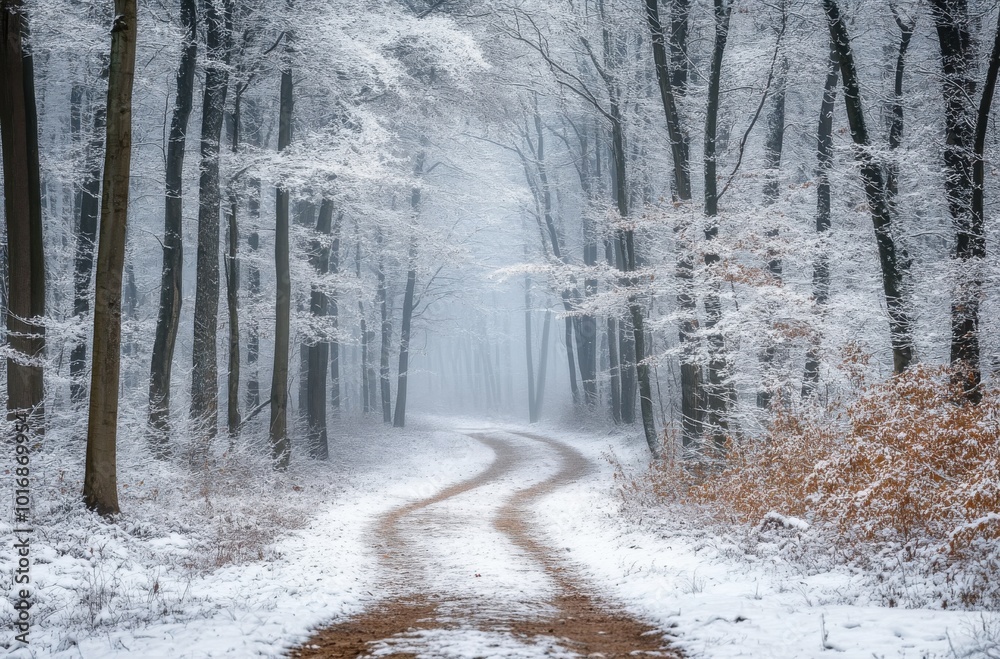 Poster a serene winter forest scene with snow-covered trees and a winding path leading through the woods