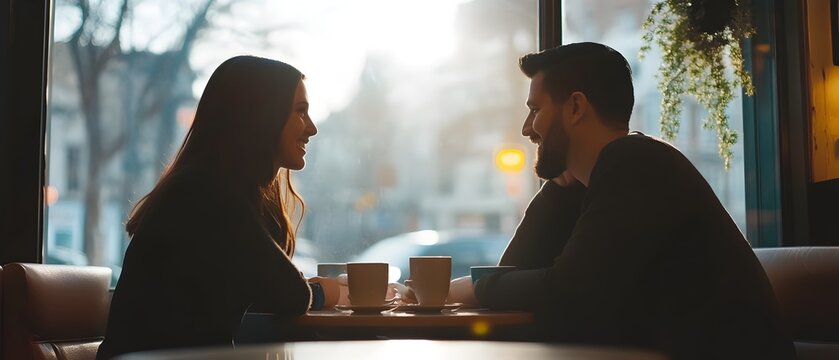 Two people meeting in a cozy caf setting after connecting online representing the transition from virtual to in person interaction and the beginning of a romantic relationship - Powered by Adobe
