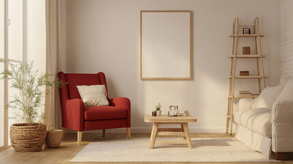 Cozy living room featuring a red armchair and a minimalist decor style in natural light