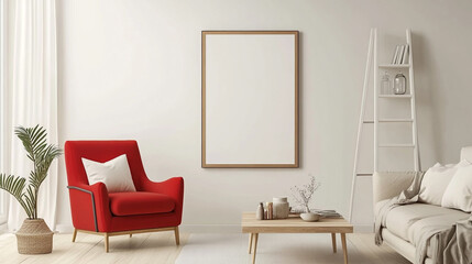 Bright and modern living room featuring a red armchair and minimalist decor with a white space
