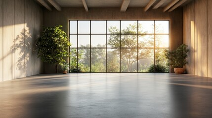 Modern loft style empty space interior 3d render,There are polished concrete floor ,wall and ceiling,There are large window look out to see the nature view,sunlight shining into the room