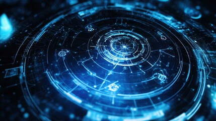 Obraz premium Mystical circle filled with astrological symbols and celestial diagrams, blue ethereal glow