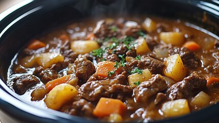 Succulent beef stew cooking in a crock pot 