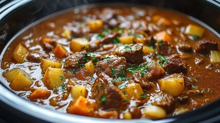 Succulent beef stew cooking in a crock pot 