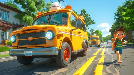 Obraz premium Children Enjoying a Joyful Ride in Bright Yellow School Buses on a Sunny Neighborhood Street