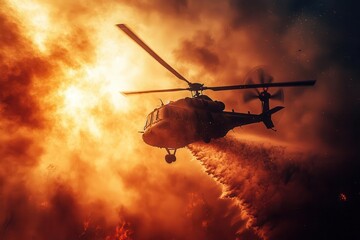 firefighting helicopter maneuvering through a smokefilled sky carrying a large water bucket showcasing bravery and urgency in the fight against forest fires