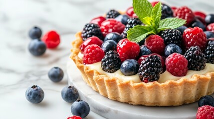 A beautifully decorated fruit tart on a marble counter, with vibrant berries and mint leaves arranged on top of the pastry. 