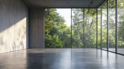 Modern loft style empty space interior 3d render,There are polished concrete floor ,wall and ceiling,There are large window look out to see the nature view,sunlight shining into the room