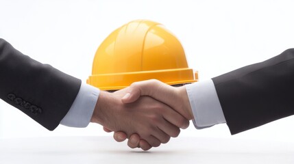 Two construction workers shaking hands at office desk with yellow helmet and blueprints on it, blurred background concept of cooperation, agreement, tolerance and common goals