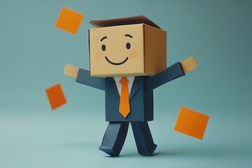 A cardboard box-headed figure radiates joy and enthusiasm as it celebrates with arms wide open amid falling orange papers, captured in a modern and energetic art style.