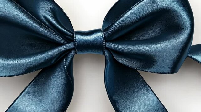A navy blue satin ribbon tied into a bow rests on a white background