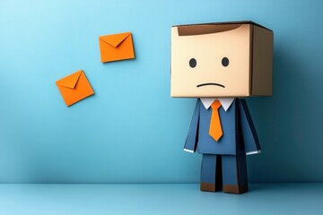 A cardboard figure dressed in a blue suit with an orange tie, stands against a wall with floating orange envelopes, symbolizing communication challenges or overwhelming tasks.
