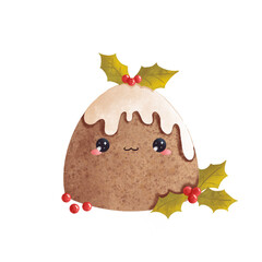 Cute Kawaii Christmas Pudding Hand Drawn Illustration