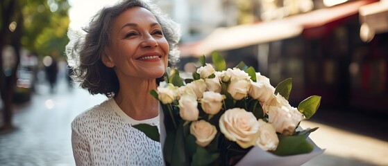 Mature gracious woman with a warm appreciative smile as she receives a beautiful bouquet of flowers on a city sidewalk representing a thoughtful romantic gesture on a special date or occasion