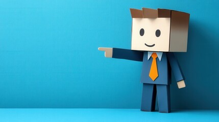 The image depicts a cardboard character with a square head in a blue suit and bright orange tie, pointing off to the side on a dark blue background.