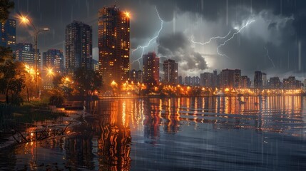Obraz premium Lightning cuts through the abstract night sky. Dark clouds churn, signaling the storm's presence.
