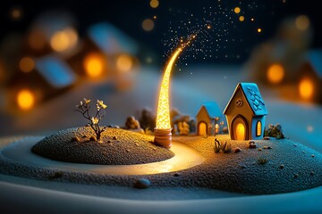 Glowing figure sharing their light with a village in darkness, symbolizing the selfless act of giving and kindness in a magical world