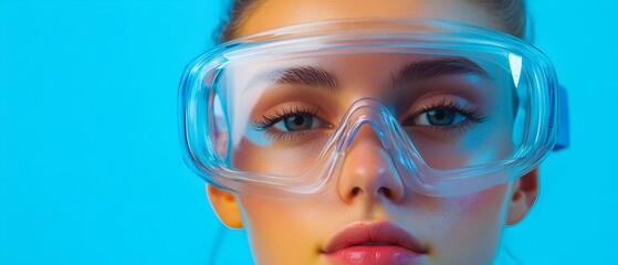Close up portrait of a woman wearing a pair of clear protective safety goggles over contact the concept of taking precautionary measures for eye safety in a professional or industrial setting