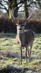 Fototapeta premium Majestic deer standing gracefully in a sunlit meadow during the calm of early morning