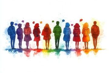 Fototapeta premium A vibrant watercolor illustration depicts a group of students with backpacks in rainbow colors, symbolizing diversity, youth, and unity amongst young people embracing education.