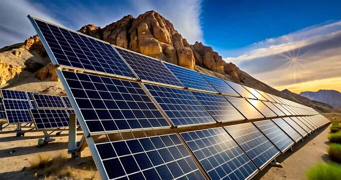 Stunning Solar Farm in Desert Landscape with Rocky Mountains and Blue Sky 4K Full HD Video Download