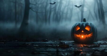 Jack-o'-lantern glowing on a wooden table in a foggy forest with bats flying overhead, Halloween background