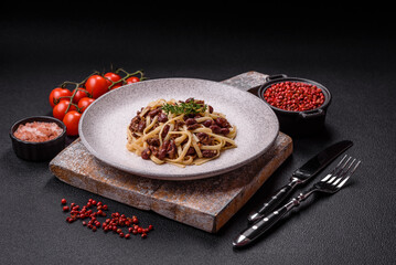 Rice noodles with beans, meat, tomato sauce, spices and herbs