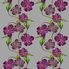 Purple floral pattern with green leaves on a gray background for textile design inspiration