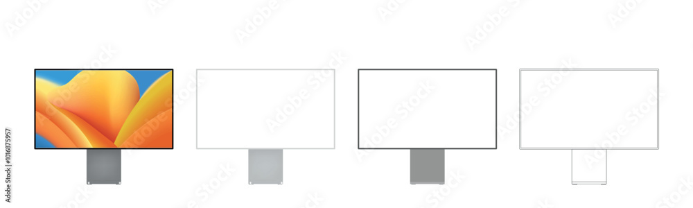Poster pc computer monitor mockup in clay, outline, and realistic style. Computer monitor mock up Isolated on Background