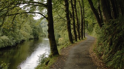 Fototapeta premium Serene riverside path lined with trees under soft sunlight in a tranquil setting