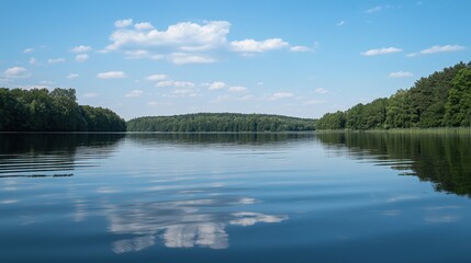 Fototapeta premium Tranquil lake reflects cloudy blue sky and lush green trees on a serene summer day