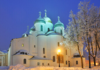 Veliky Novgorod Russia. Saint Sophia's cathedral in Veliky Novgorod Russia, winter night view of Veliky Novgorod landmark, winter wonderland landscape