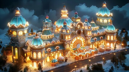 Obraz premium A Beautifully Illuminated Whimsical Castle at Night Surrounded by Clouds and Vibrant Colors