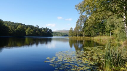 Fototapeta premium Serene lake reflections under a clear sky in the tranquil countryside during daylight hours