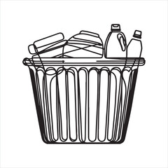 An illustration of a laundry basket ontinuous line drawing with black lines silhouette on white background
