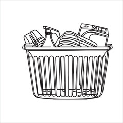 An illustration of a laundry basket ontinuous line drawing with black lines silhouette on white background
