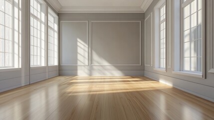 Obraz premium Empty Room with Large Windows and Sunbeams on Hardwood Floor