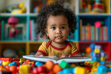 Curious toddler in a playroom. A delightful photo showcasing a young child exploring a book amidst colorful toys, conveying curiosity and playfulness. For educational and childcarerelated content