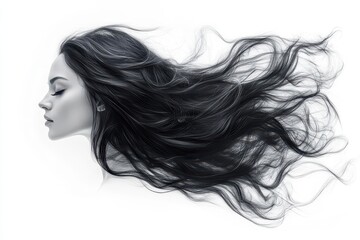 Naklejka premium flowing windblown long hair depicted in a 3d illustration against a stark white background capturing movement and texture in a strikingly beautiful and artistic manner