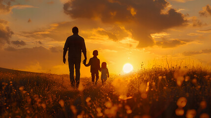 Fototapeta premium Silhouette of a father and son holding hands on top of a mountain at sunset, with mountains in the background