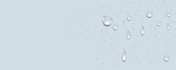 Rain transparent drops flow down the glass.Realistic wet condensation texture.Fresh water splash effect on the surface.Liquid spreading droplet shapes.