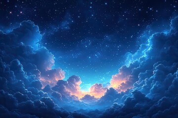 fluffy volumetric clouds drift across a dark blue night sky sprinkled with stars creating a serene and dreamy atmosphere perfect for nighttime contemplation