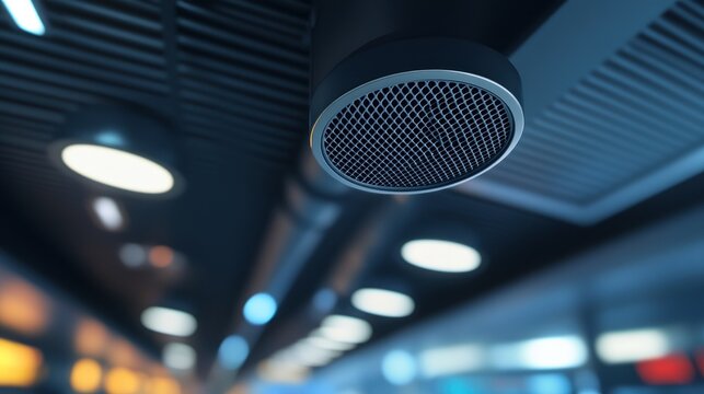 Close-up of a speaker mounted on a ceiling, with ambient lighting in a modern environment.