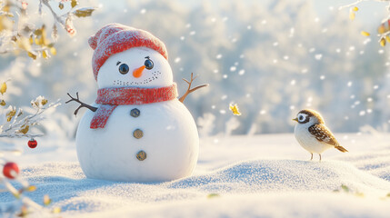 Obraz premium A snowman with birds in the winter snow vibes on Christmas time on a snow-covered surface against a soft, glowing bokeh snowy background. 