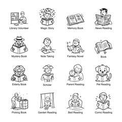 Basic RGBCollection of Book Reading Doodle Style Icons 

