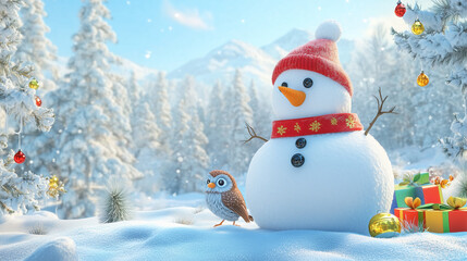 Obraz premium An illustration of a Snowman, the Christmas tree, reindeer, snowflakes, and baubles on soft white background during Christmas time.