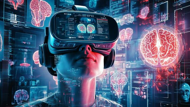 A person wearing a virtual reality headset is immersed in a digital world filled with images of brains