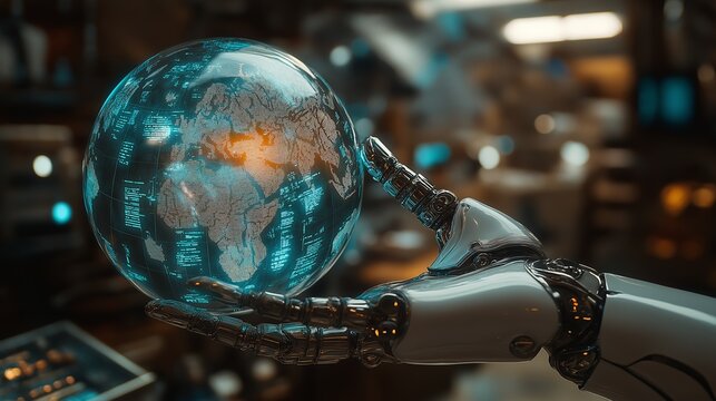 Robot hand holding a holographic globe, symbolizing advanced technology and global digital connectivity, ideal for illustrating AI, robotics, and futuristic concepts.